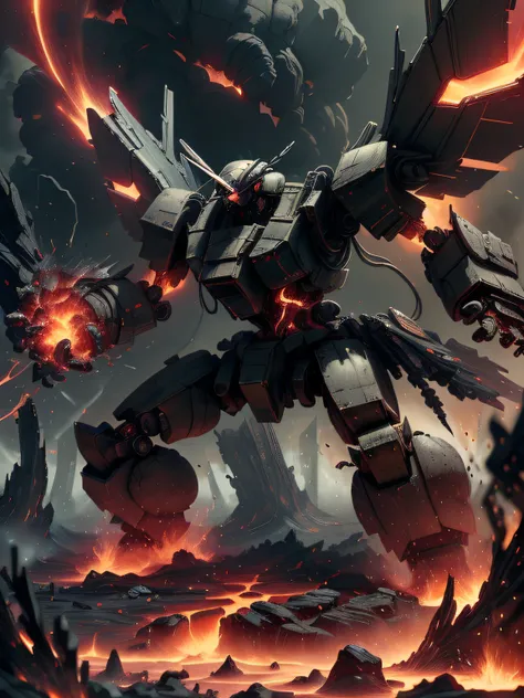 masterpiece, magmatech, lava, blazing, eruption,flame wings battle mech,floating stones , debris, cityscape,