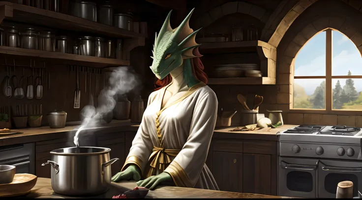 ((Seductive slender anthro dragoness in medieval robes)), Womens, anthro, dragon/Lizards head, scaly body,, in full growth, Slender breasts, scaled skin, Long red hair, membranous ears, small head, long neck, long legs, tail, Shelves with product backgroun...