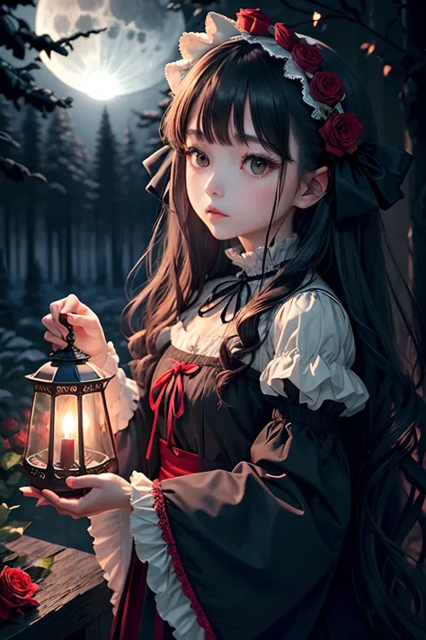 Dark and eerie forest、Full moon in the night sky、Scattering Red Roses、Bell sleep only at the tip of the sleeve、Ruffled sleeves、、Sleeves open only at the wrist、medieval Europe、Big bright eyes、fleeting、bow ribbon、Straight Long Hair、