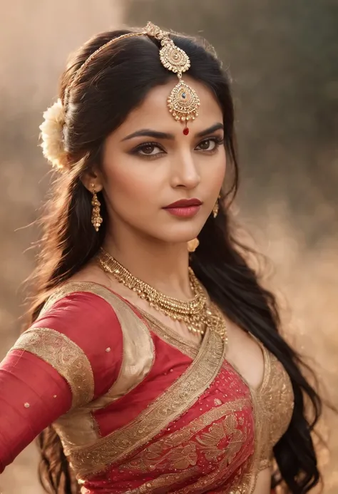 (photorealistic:1.37),indian women,sexy warrior,sword in hand,detailed eyes,detailed lips,long black hair,golden jewelry,flowing fabrics,navel,sexy top wear,vibrant colors,ornate headpiece,ornamental hilt,confident expression,graceful pose,beautiful backdr...