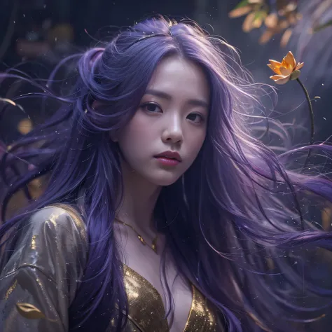 Genki Girl 32K（tmasterpiece，k hd，hyper HD，32K）Long flowing bright purple hair，Autumn Pond，zydink， a color，  Asian people （Genki girl）， （Silk scarf）， Combat posture， looking at the ground， long whitr hair， Floating bright purple， Fire cloud pattern gold tia...