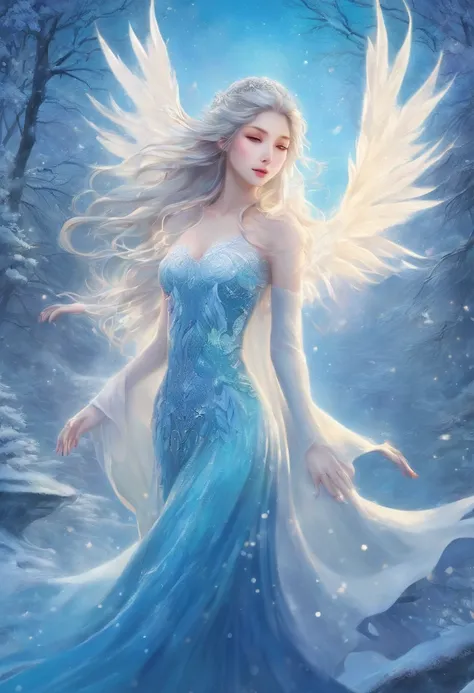 (photorealistic,best quality),snowy landscape,blue dragon girl,long blue hair,large dragon wings,long dragon tail,dragon scales,wings for sale,ice crystals,sparkling snow,magical atmosphere,vibrant colors,cold breeze,winter wonderland,serene expression,fro...