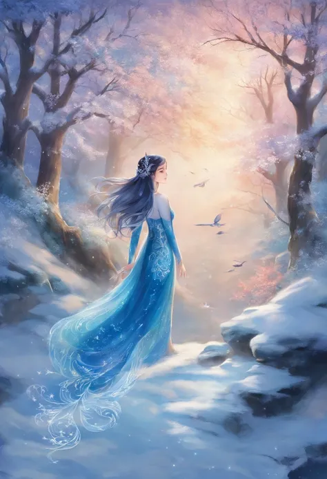 (photorealistic,best quality),snowy landscape,blue dragon girl,long blue hair,large dragon wings,long dragon tail,dragon scales,wings for sale,ice crystals,sparkling snow,magical atmosphere,vibrant colors,cold breeze,winter wonderland,serene expression,fro...