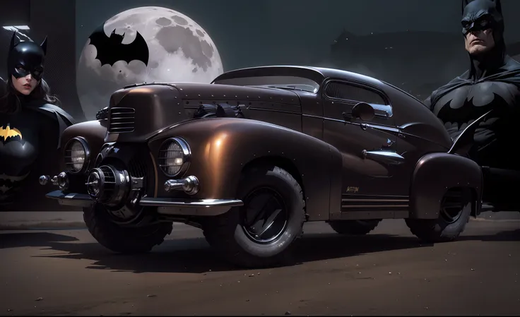 A Batmans car black and powerful in the foreground, a beauty batgirl and Batman himself stand up and a bat flying in front of a big moon in the background