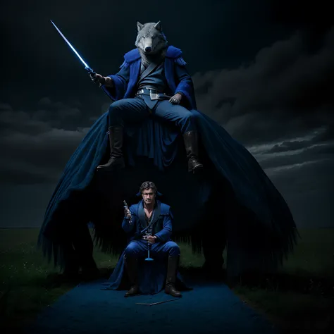 Model Experience Man ((solo)) With a magic wand in his hand,  dressed in a blue magician costume , Sitting astride a huge gray wolf , The wolf stands at full height against the background of the field , Its paws and tail are visible ,Front light .