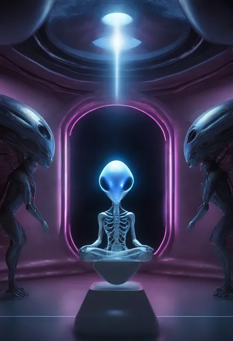 Extraterrestrial mothership, alienígenaígena,Exotic Cosmic Beings, Advanced technology, atmosfera controlada, Geometria sagrada, ethereal light, telepathic communication, energetic harmony, Realidades paralelas, Hyperspace, Seres de Luz, elevated conscious...