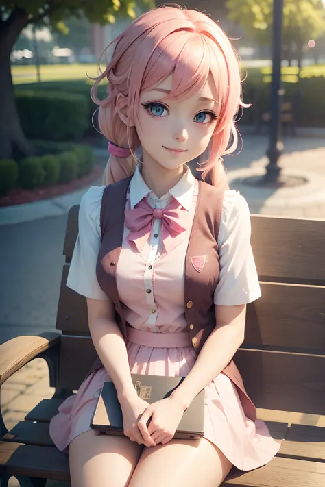 Smiling blonde with pink hair and blue eyes in vest sitting on park bench,Twin-tailed,an anime girl, render of april, sayori, closeup Iwakura Lain, 8K portrait rendering, render of a cute 3d anime girl, photorealistic anime girl render, Smooth Anime CG Art...