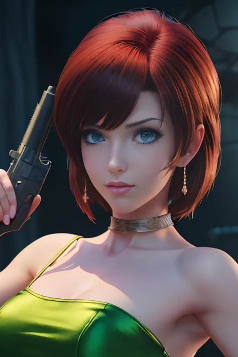 a close up of a woman holding a gun in a green dress, realistic anime 3 d style, rendered in sfm, game cg, anime styled 3d, glamorous jill valentine, artgerm ; 3d unreal engine, faye valentine, perfect dark, 3 d anime realistic, 3d anime girl, sfm render, ...