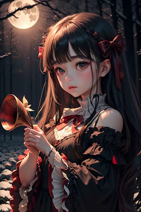 Dark and eerie forest、Full moon in the night sky、Scattering Red Roses、Wrist Trumpet Sleep、Ruffled sleeves、Wide open sleeves at the wrist、nobles、Big bright eyes、fleeting、bow ribbon、Straight Long Hair、