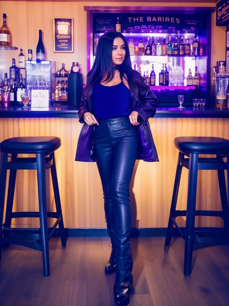 woman in black leather pants and purple jacket standing in front of bar, standing in a restaurant, in a bar, full body photogeni...