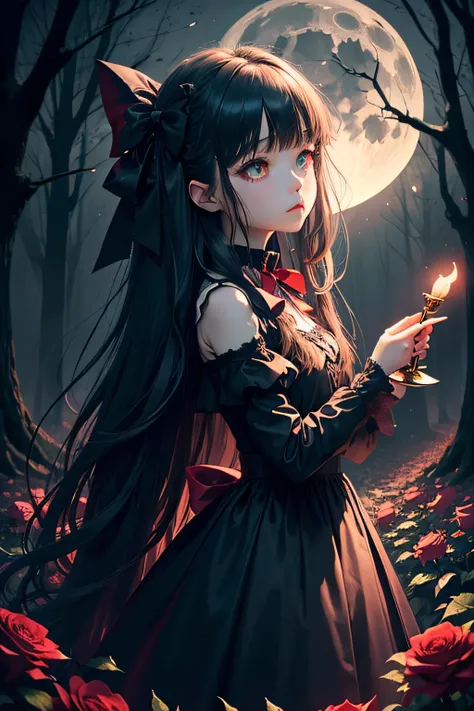 Dark and eerie forest、Full moon in the night sky、Scattering Red Roses、Trumpet Sleep、gothic lorita、Wide wrists、nobles、Big bright eyes、fleeting、bow ribbon、Straight Long Hair、