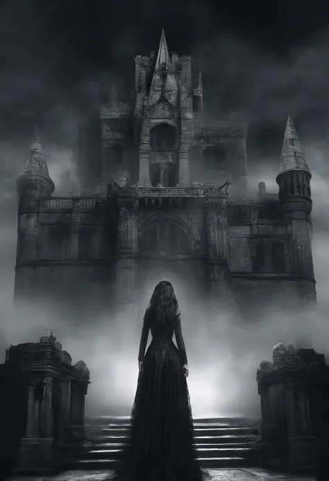 castle,vampire,moonlight,seductive woman,Indian beauty,illustration,gothic,ancient ruins,wispy smoke,black and white,ethereal,nighttime,starlit sky,ominous shadows,dramatic composition,high contrast,detail-oriented,exquisite details,vivid colors,dark atmos...