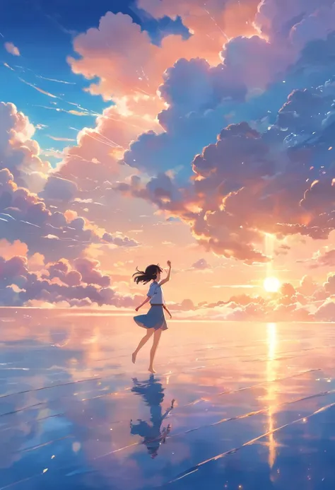 masterpiece, best quality, movie still, 1girl, cloud girl, floating in the sky, close-up, bright, happy, warm soft lighting, sunset, (sparks:0.7)