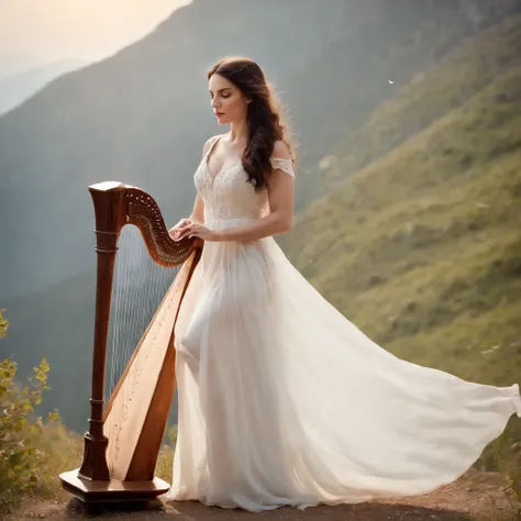 (best quality,highres:1.2),realistic,sunlit beautiful woman with dark hair wearing a white dress playing a harp, surrounded by butterflies, standing on a mountain