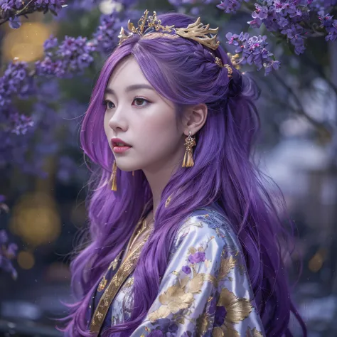 Genki Girl 32K（tmasterpiece，k hd，hyper HD，32K）Long flowing bright purple hair，Autumn Pond，zydink， a color， Asian people （Genki girl）， （Silk scarf）， Combat posture， looking at the ground， long whitr hair， Floating bright purple， Fire cloud pattern gold tiar...