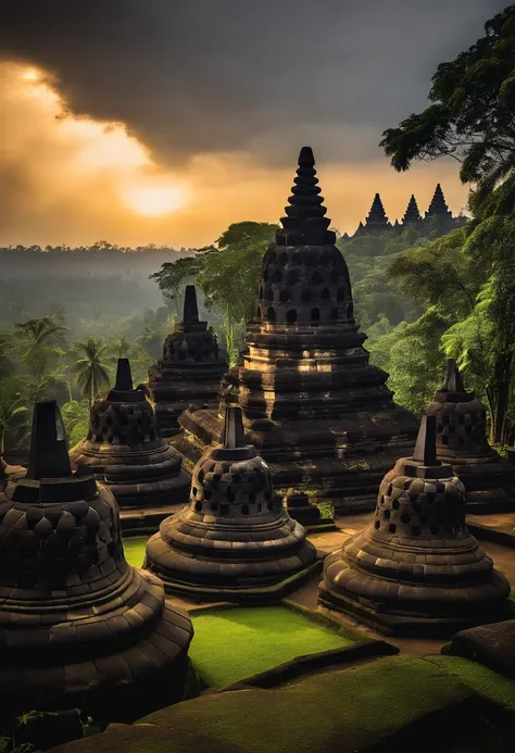 Bali Indonesian Temple Candi Borobudur, The lost city seen among the trees of a dense forest, uma grande piramide dourada brilhando com a luz do sol, fotografia realista.