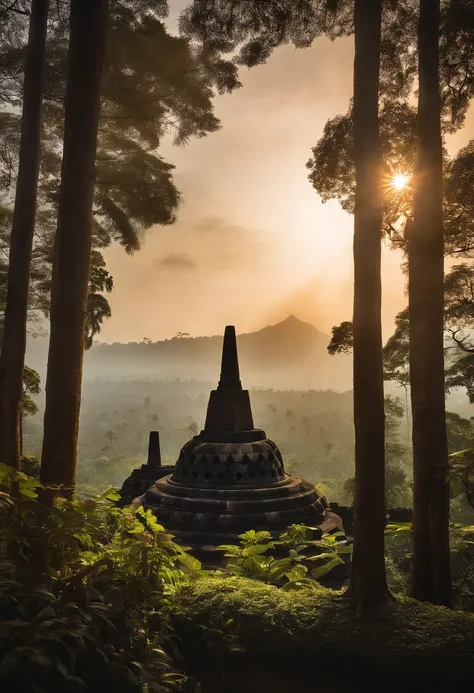 Bali Indonesian Temple Candi Borobudur, The lost city seen among the trees of a dense forest, uma grande piramide dourada brilhando com a luz do sol, fotografia realista.