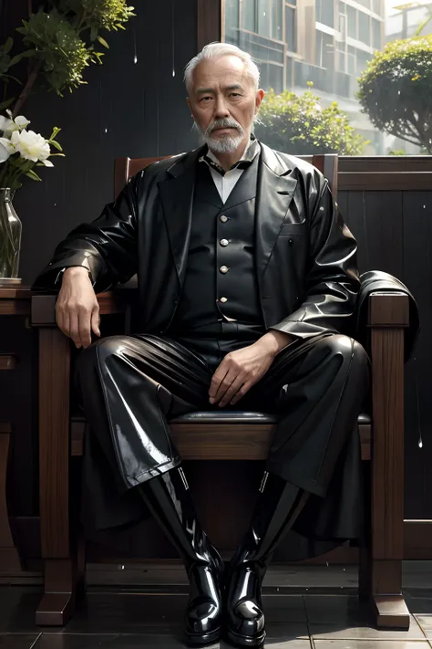 Old gentleman with a goatee，sit on chair，Black high-gloss rain boots, 8K分辨率,Wallpaper masterpiece，Best quality，Highly meticulous，Ultra high quality，The midday sun is a bit dazzling。