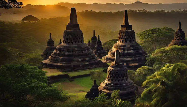 Bali Indonesian Temple Candi Borobudur Ultra Definition Graphics Gender Render, The lost city seen among the trees of a dense forest, uma grande piramide dourada brilhando com a luz do sol, fotografia realista.