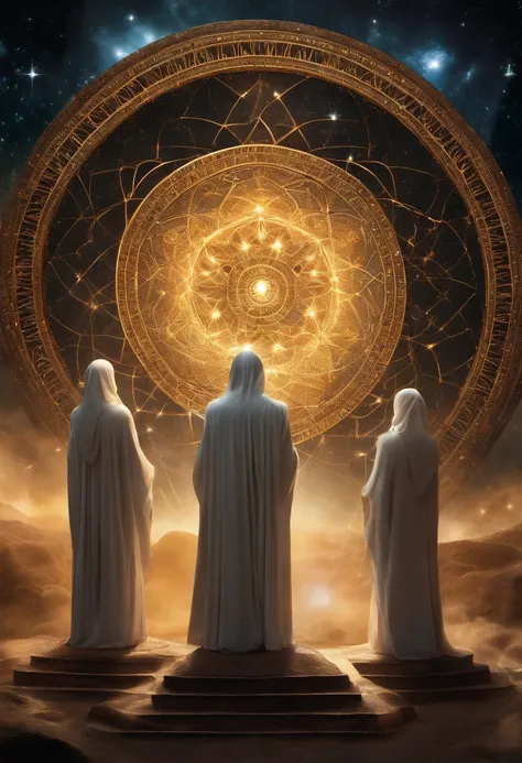 In a majestic Cosmic Temple, set on an Extraterrestrial Mothership, the Old Council of the Stars meets. Esses seres, from various cosmic civilizations, they are the guardians of universal wisdom. Each is unique in appearance, refletindo a diversidade de su...