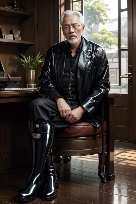 Old gentleman with a goatee，sit on chair，Show off his boots，Black high-gloss rain boots, 8K分辨率,Wallpaper masterpiece，Best quality，Highly meticulous，Ultra high quality，The midday sun is a bit dazzling。