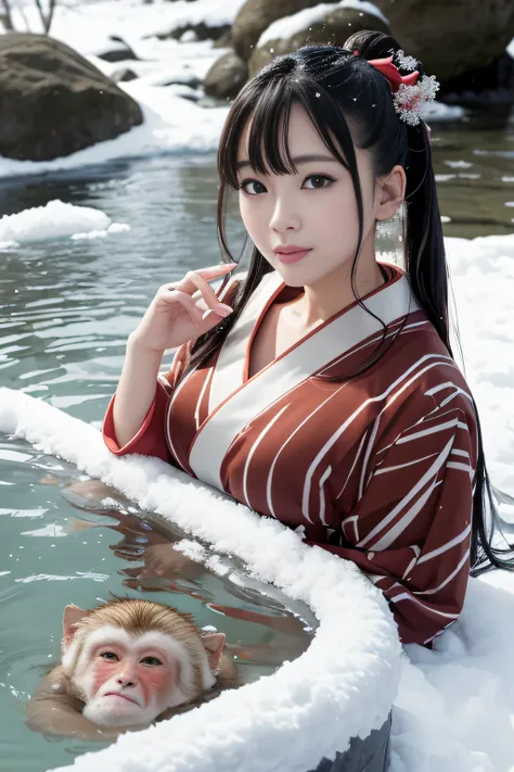 Best Quality、masutepiece、超A high resolution、(Photorealistic:1.4)、(Underwater face:1.2)、(Bathing with snow monkeys:1.2)、Rock bath in winter、(Snowy landscape:1.2)、(Thin eyebrows:0.2)、(thin lipss:0.8)、(small nose:0.8)、Appearance without makeup、japanes、adult l...