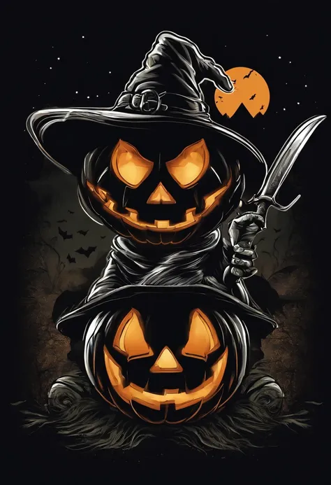 as a t-shirt logo in the style of art, 2d vector illustration, Halloween, Alien explorer, Create a logo where the "1N" is incorporated into a halloween pumpkin Alien wearing a witches hat,, whole body, embodying the spirit of adventure. Keywords:  Hallowee...