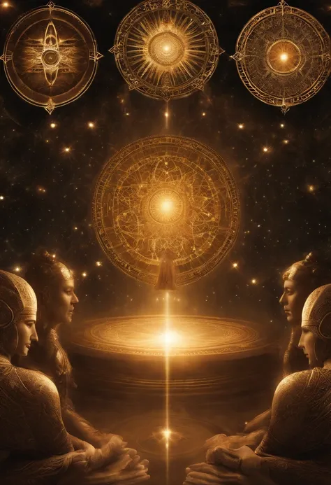 Several alien masters In a majestic Cosmic Temple, Set on an extraterrestrial mothership, the Old Council of the Stars meets. Esses seres, of various cosmic civilizations, They are the guardians of universal wisdom. Each is unique in appearance, refletindo...