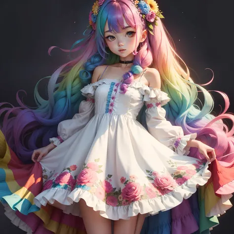 （Loose fluffy）, （Long）, （rainbow-colored hair）, （Floral dress）, （Best Quality）, （top-quality）