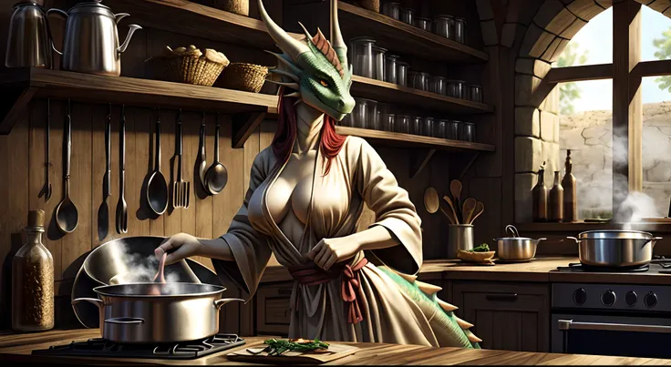 ((Seductive slender anthro dragoness in medieval robes)), Womens, anthro, dragon/Lizards head, scaly body,, in full growth, Slender breasts, scaled skin, Long red hair, membranous ears, small head, long neck, long legs, tail, Shelves with product backgroun...