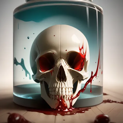 turbulent transparent red liquid inside in a transparent skull, alex andreev