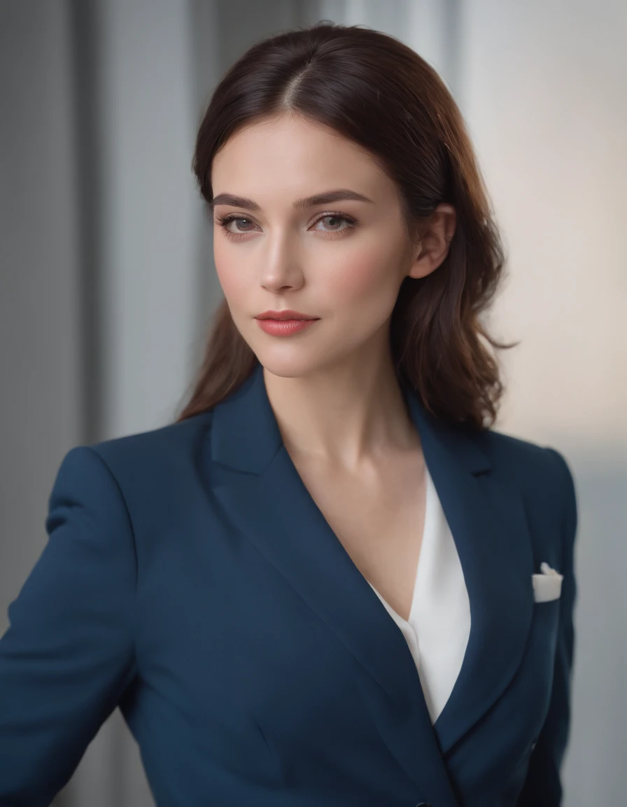 Woman wearing modern suit, front, vibrant colors, high quality photo, Canon EOS 5D Mark IV, 75mm F/1.8,(upper body)