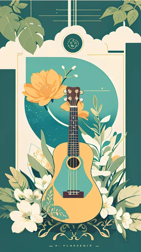 couleur vintage claire,planaire,,riso print style,illustration, laisser un espace blanc,faible saturation, ukulele, quelques fle...