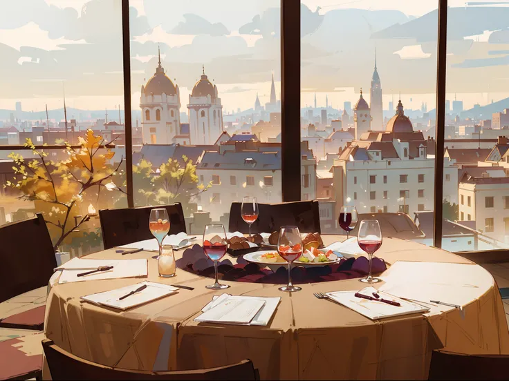 (a table with a view to a big city buildings,restaurant,detailed architecture,night scene,cityscape,cozy atmosphere,outdoor seating,romantic evening,brightly lit windows,flickering neon lights,crisp white tablecloth,fine dining experience,candlelight dinne...