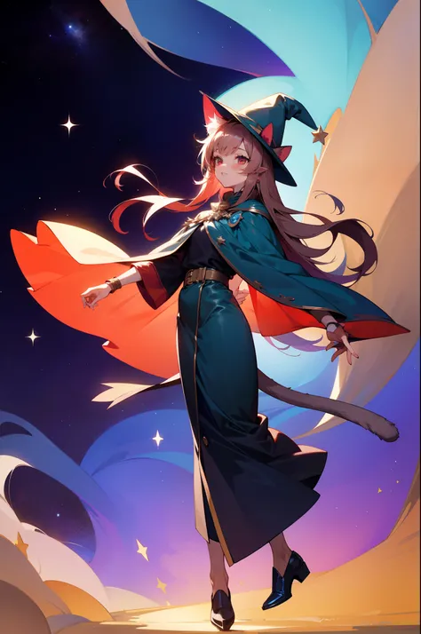 Cat-eared girl，A cats tail，Long khaki hair，red color eyes，Wearing a blue magic cloak，Wears a wide blue witch hat，Star decoration，Star background，Full body like