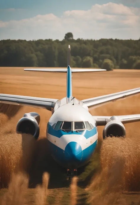 a long-haul airliner with two engines under the wings stands in the middle of a wheat field, inflatable slides are released from the doors of the plane, people with suitcases stand nearby, blue sky, tall trees in the background