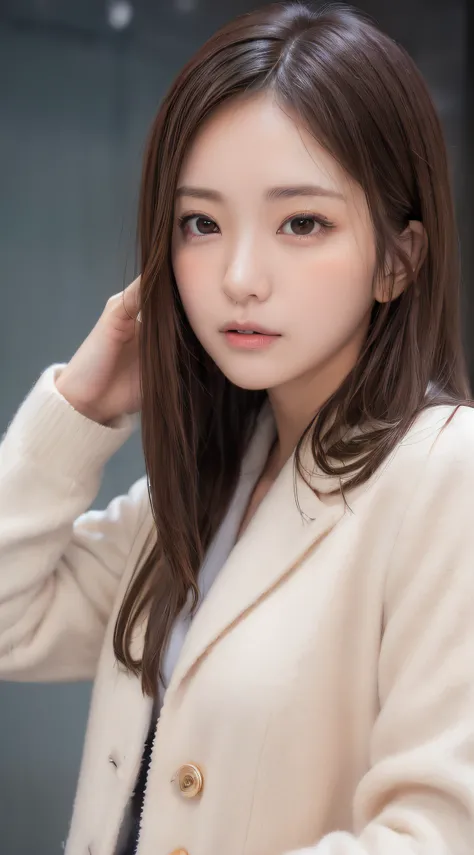 1womanl, (up of face:2.0), light brown hair, Blunt bangs, hair behind ear, hair over shoulder, Long hair, Ultra Fine Face, Thin face, Delicate lips, (beautidful eyes:1.5), thin blush, eyes are light brown,View here, Ultra-thin hands, Ultra-fine fingers, be...