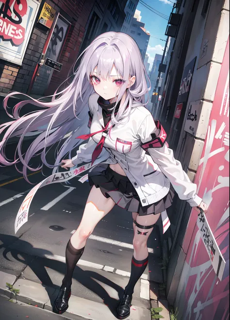 4k画质，Highest high resolution，Gray-purple bangs，Red eyes，20yr old，woman，Graffiti walls，street corner，short  skirt，blackstockings，Clear face，Detailed eyes，Stickers