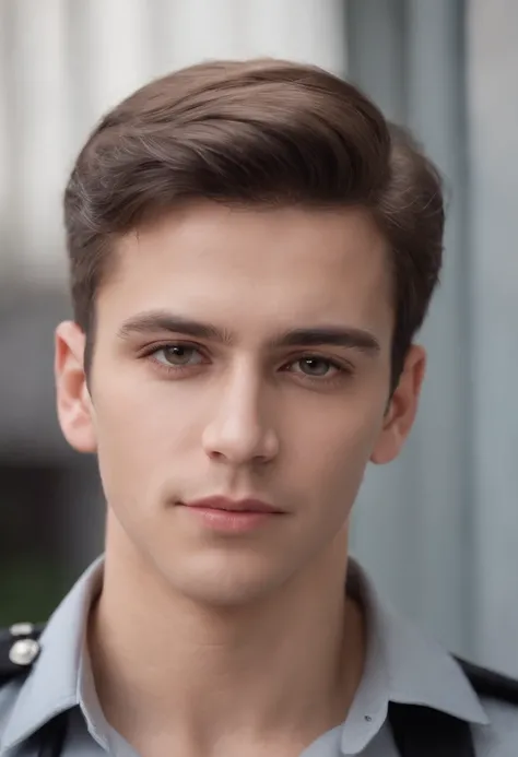 A photorealistic portrait of a young man in police uniform, who wears a light gray shirt, Suspenders and gray jeans, fotorealistisch, Comma hair, brown hair, Natural face, , Hyper detailliert, big broad chest, big chest, shy