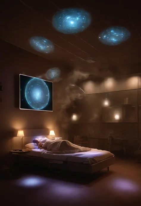 An extraterrestrial hospital to a man lying on a bed with a holographic laptop on it, holograma pairando em torno dela, quality astral projection rendering, the image is futuristic, cinematic hologram, fios de energia no ar, tecnologia do futuro, Holograph...