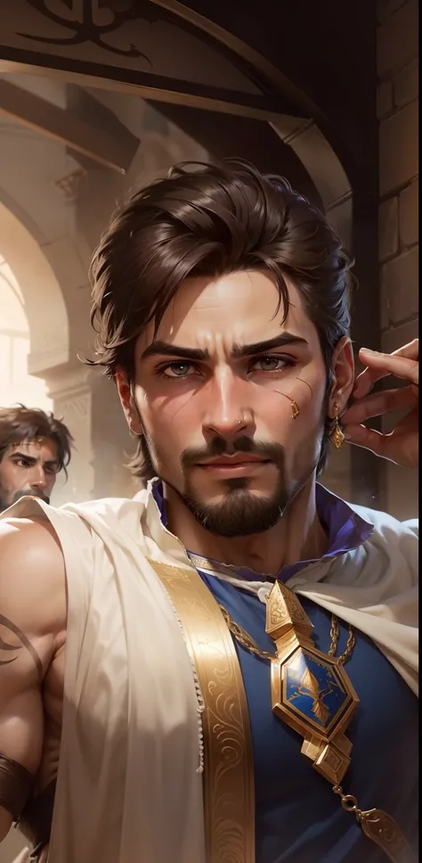 Make background like a prince of persias game change clothes remove beard and make a sharp chin face smart boy realistic