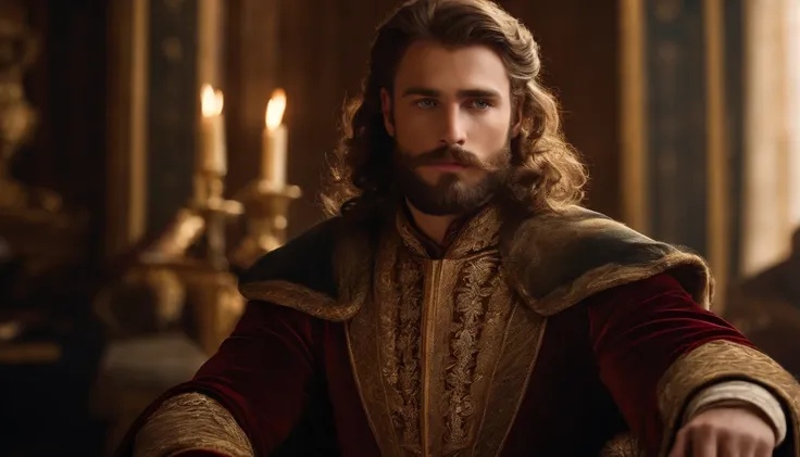 bestquality,10,highres,ultra-detail,portrait,The young man has a brown beard. ,A rugged aristocracy..,mediaeval,Royal Costume,Inside the palace,Golden Throne,detailed facial features,Expressive eyes and lips,rich colors,gentle lighting