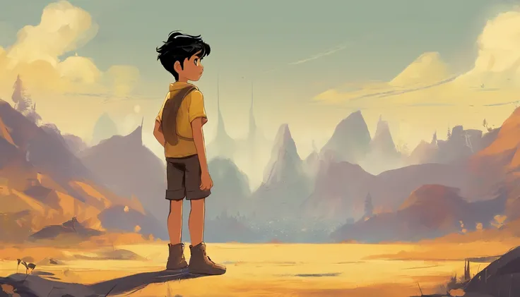 Boy, 8 years old, with curious brown eyes, black hair, colors, disney style yellow short -sleeved shirt and black shorts, in the white background, standing in a determined position to conquer the world