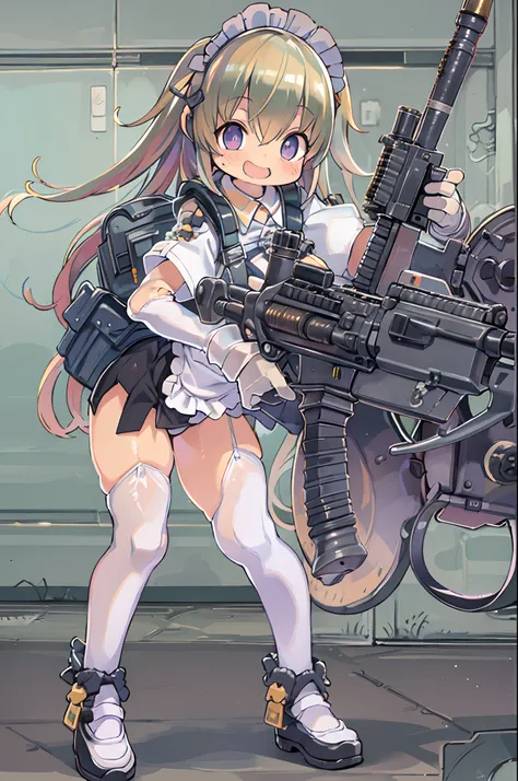 masutepiece, Best Quality, 1girl in, Empty eyes, Utsurome, maid, Smile,a child girl,Lori,(((Huge assault rifle))),rocket launcher