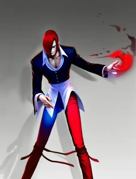 tmasterpiece，best qualityer，yagami iori，1boy,red hair，blue fire in hand,black and white cloth，red pants，musculature，in street