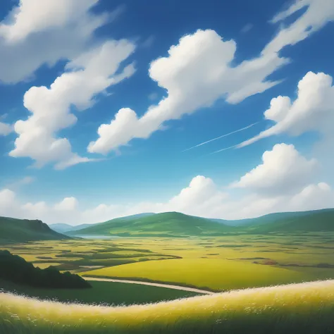 Realistic, authentic, beautiful and amazing landscape oil painting Studio Ghibli Hayao Miyazaki&#39;s petal grassland with blue sky and white clouds --v6