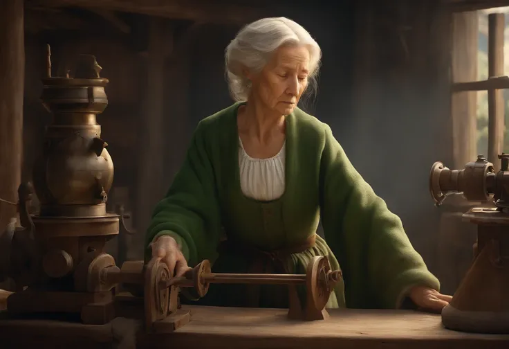 最高品質, master-piece, ultra-detail, Old woman with cotton spinning machine, single, blond hair, Green Clothes, Being in a European village, Looks sad.