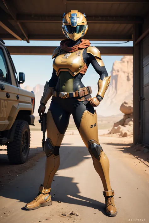 create a khaki power ranger, female, rust , machine , armor ,full body , military theme