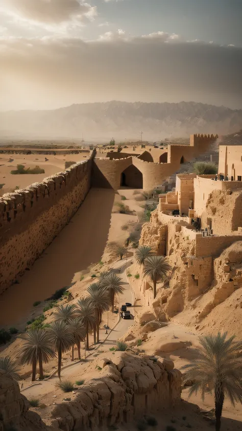 a huge medieval wall and after the wall the desert