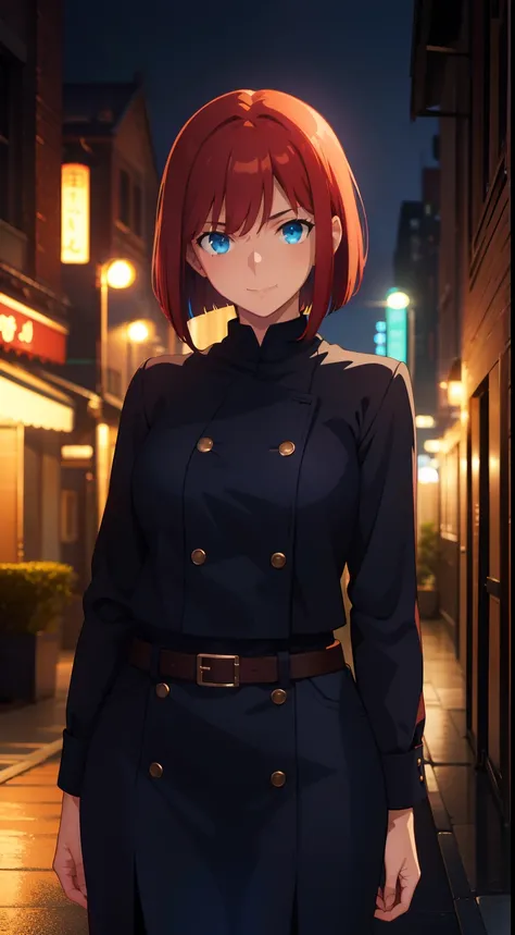 masterpiece, best quality, high quality, 1girl, red hair, bob cut, blue eyes, arm behind back, portrait, depth of field, cowboy shot, ufotable style, smile, building, cityscape,dark, night, night sky,  neon lights, dutch angle,